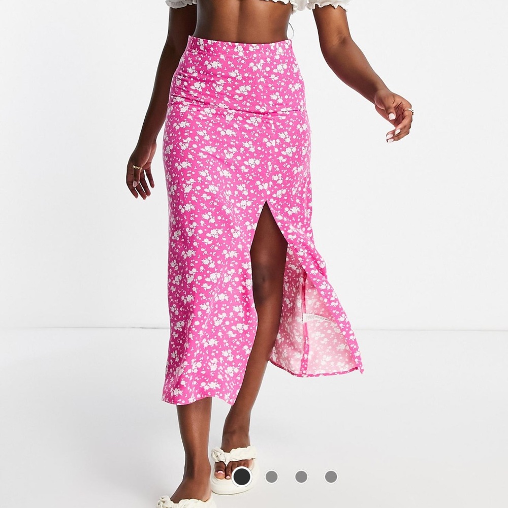 ASOS DESIGN midi slip skirt with thigh slit in pink ditsy print